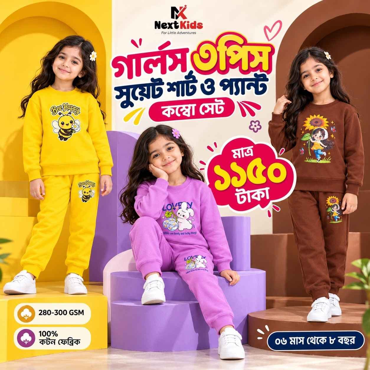 গার্লস ৩পিস সুয়েট শার্ট ও প্যান্ট কম্বো সেট - WS
